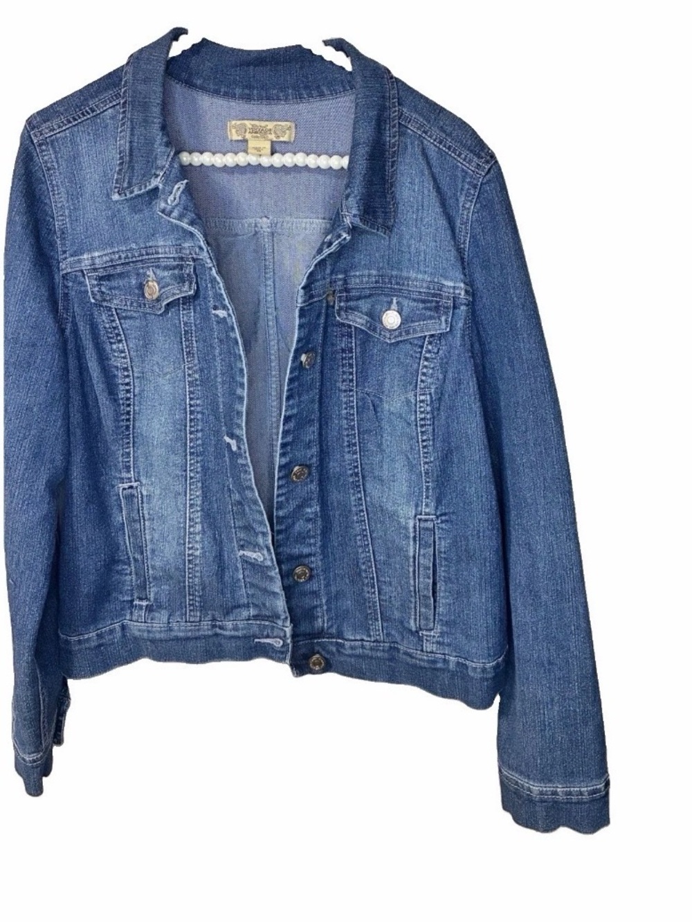 Nine West Denim Jacket Womens M Blue Excellent Patchwork Back Trucker Coat